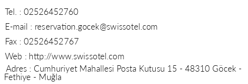 Swissotel Gcek Marina & Resort telefon numaralar, faks, e-mail, posta adresi ve iletiim bilgileri